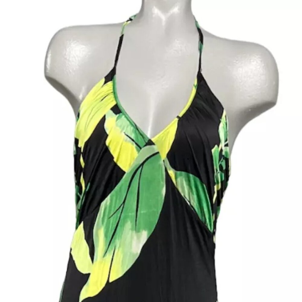 White House Black Market Strappy Maxi Dress in Black and Green Leaf Print NWT 0